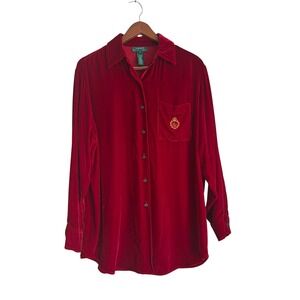 Lauren Ralph Lauren Red Velvet Silk Blend Embroidered Crest Button Down Shirt M